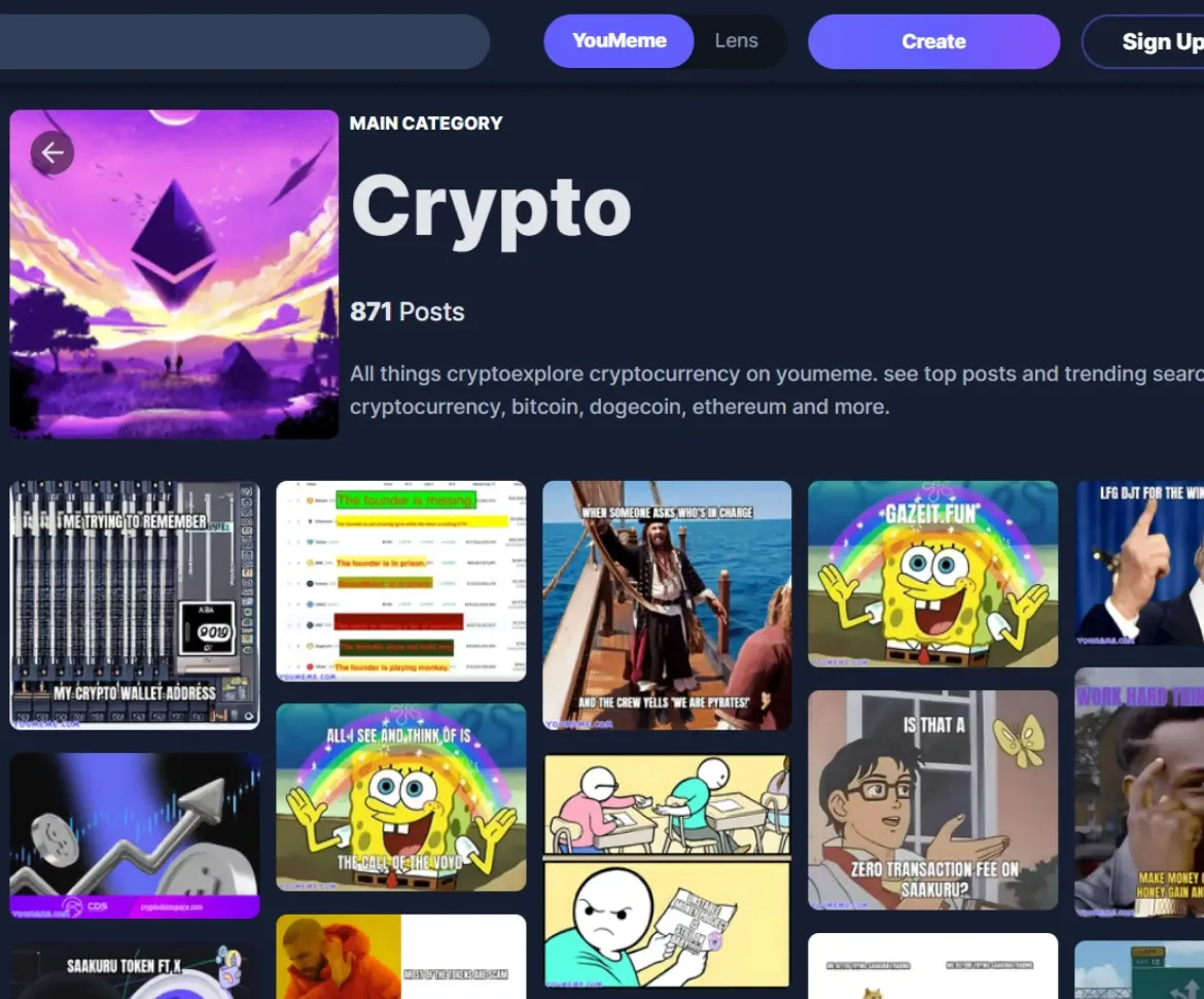 Youmeme platform displayed on a digital interface, featuring crypto-related memes, trending posts, and categories for users to explore and monetize content.