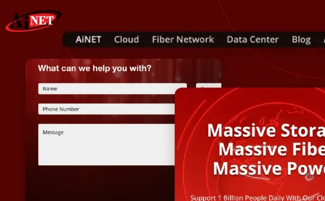 AiNET platform with a red theme, showcasing cloud storage, fiber networks, and data center solutions with a contact form for inquiries.