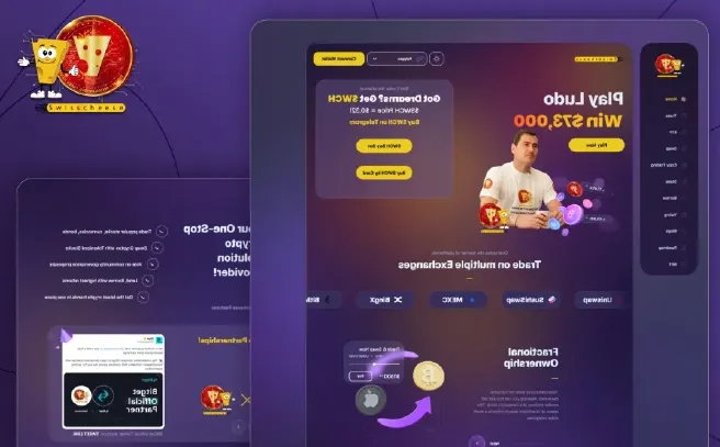 SwissCheese platform UI with a dark theme, featuring crypto trading, gaming rewards, and a mascot promoting blockchain-based exchanges.