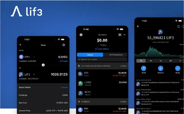 Lif3 mobile app interface for DeFi technologies integration into mobile transactions, featuring asset management and token swaps.