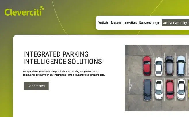 Cleverciti website showcasing smart parking solutions with real-time occupancy data and integrated technology for parking management.