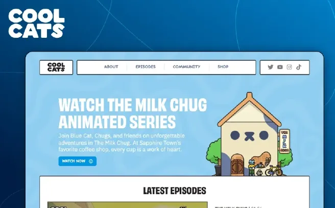 Cool Cats NFT gaming website featuring The Milk Chug animated series with Blue Cat and friends at a cat-themed coffee shop.