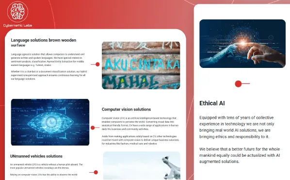 Cybernetic AI solutions page with a red-white theme, showcasing language AI, computer vision, and unmanned vehicles with tech imagery.