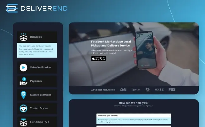 DeliverEnd platform with a dark blue theme, offering secure local delivery services with video verification, masked locations, and trusted drivers.