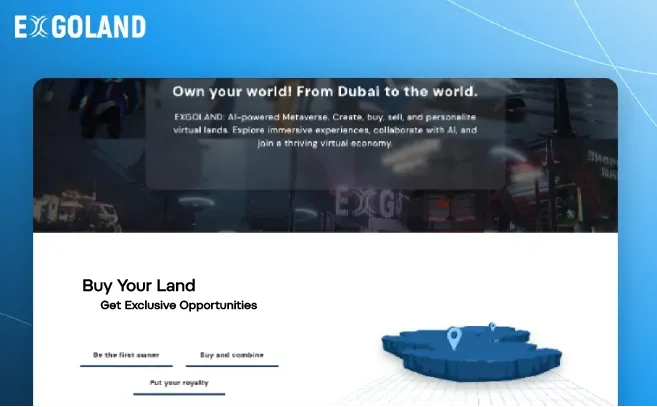 Exgoland platform with a blue theme, featuring an AI-powered metaverse for buying, selling, and personalizing virtual land with digital assets.