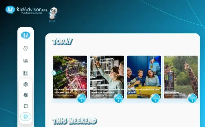 KidAdvisor Family Activity App displayed on a digital interface, featuring curated fun experiences and attractions for families with booking options.