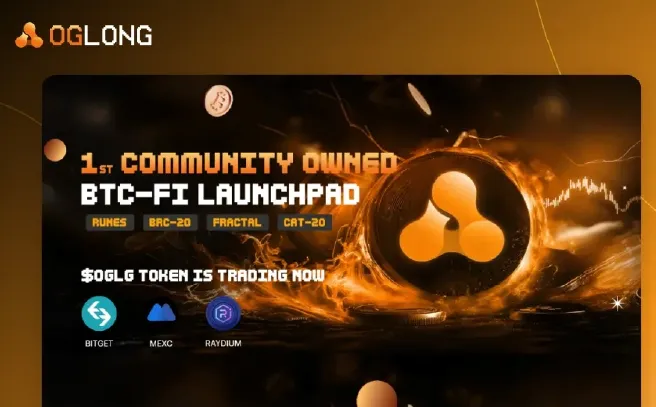 OGLONG Launchpad platform displayed on a digital interface, showcasing a community-owned BTC-Fi ecosystem with token trading options.