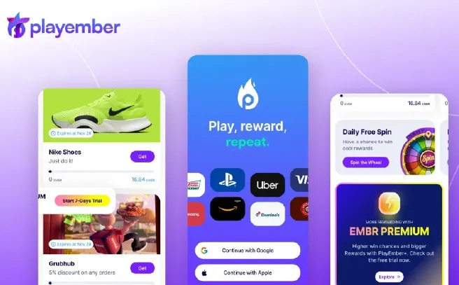 Playember Web3 app for mobile gaming, featuring brand rewards, daily spin wheel, premium perks, and easy sign-in options.