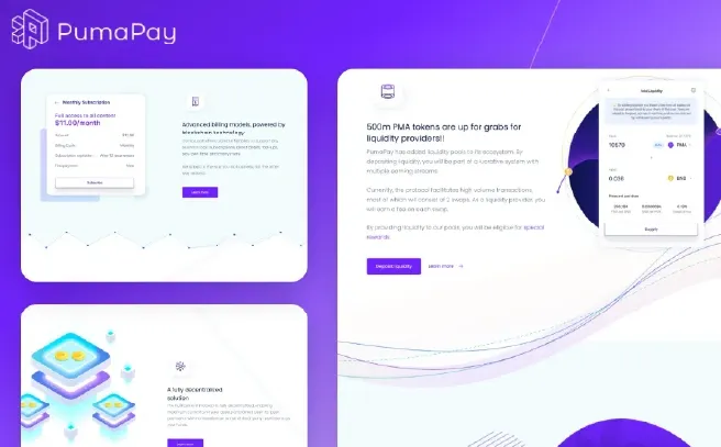 PumaPay blockchain payment system showcasing subscription-based billing models, liquidity pools, and decentralized solutions.