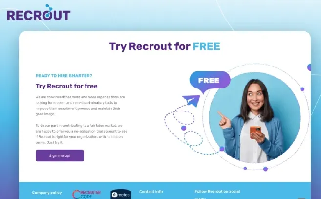 Recrout platform with a modern blue and white theme, offering AI-driven recruitment solutions, free trial signup, and smart hiring tools.