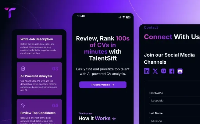 TalentSift platform with a dark purple theme, featuring AI-powered CV analysis, job description writing, candidate ranking, and social media links.