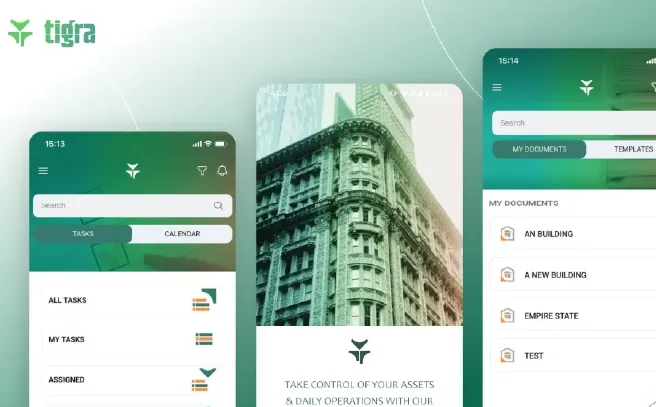 Tigra Property Management Mobile App interface displaying task management, document organization, and asset tracking features.