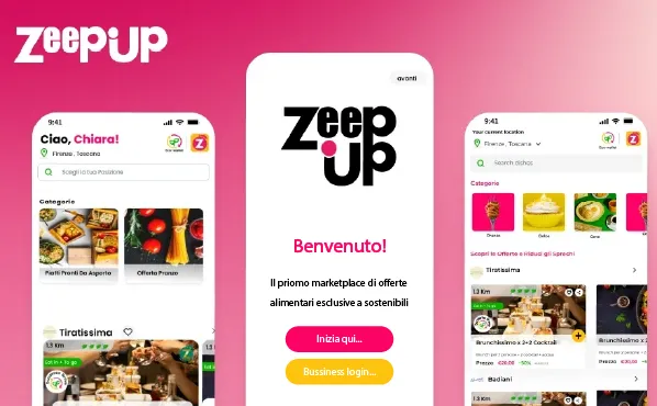 Zeepup app UI with a pink theme, showcasing food deals, categories, and location-based offers for sustainable dining.