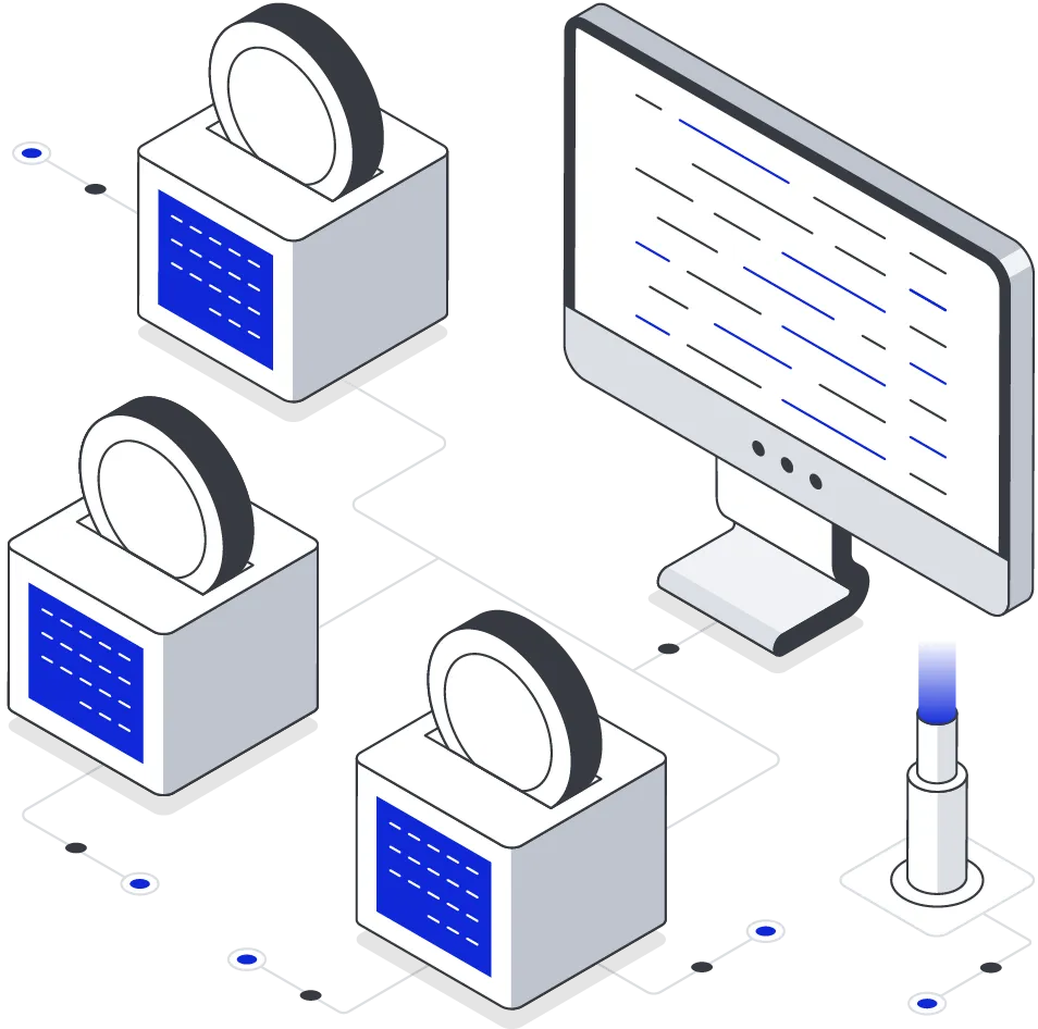 Custom blockchain development with gears and a laptop, symbolizing tailored blockchain solutions for businesses.