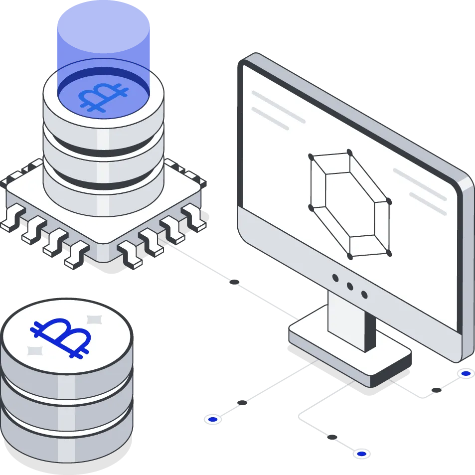 Blockchain launchpad development featuring a desktop screen and blockchain nodes, symbolizing cryptocurrency project deployment.