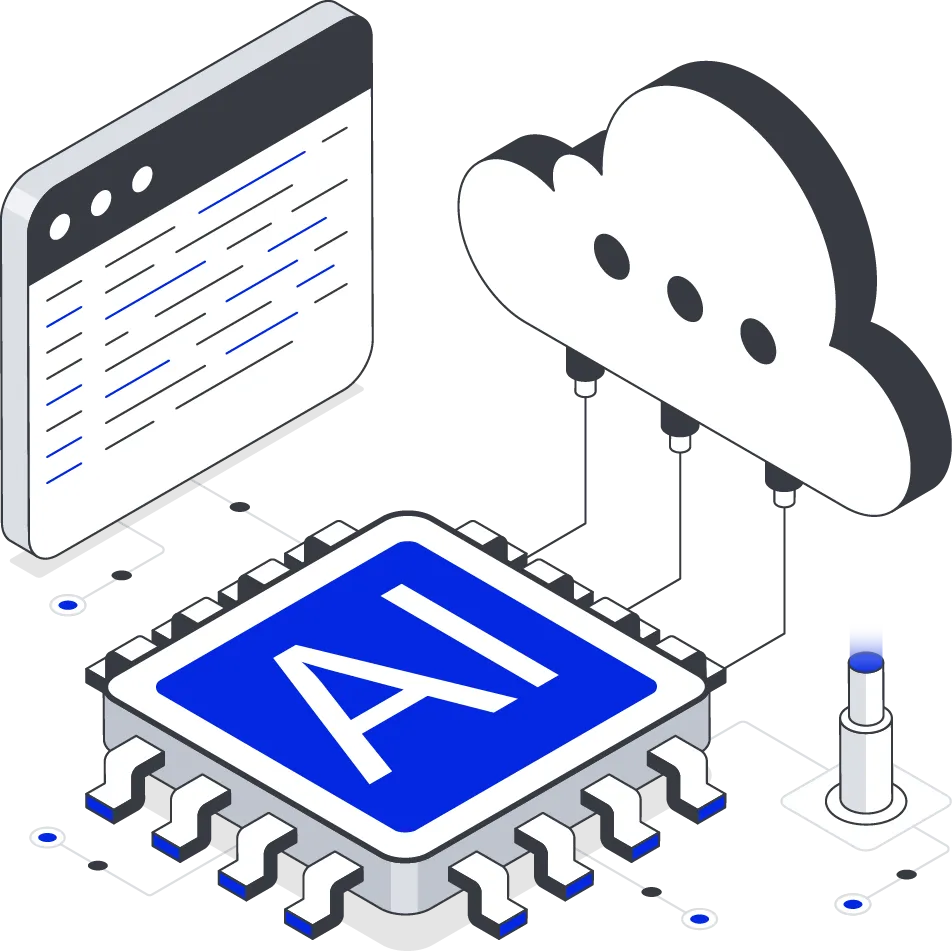 AI product development featuring a robot coming out of a microchip, with tools like a gear and wrench nearby, representing automation and innovation.