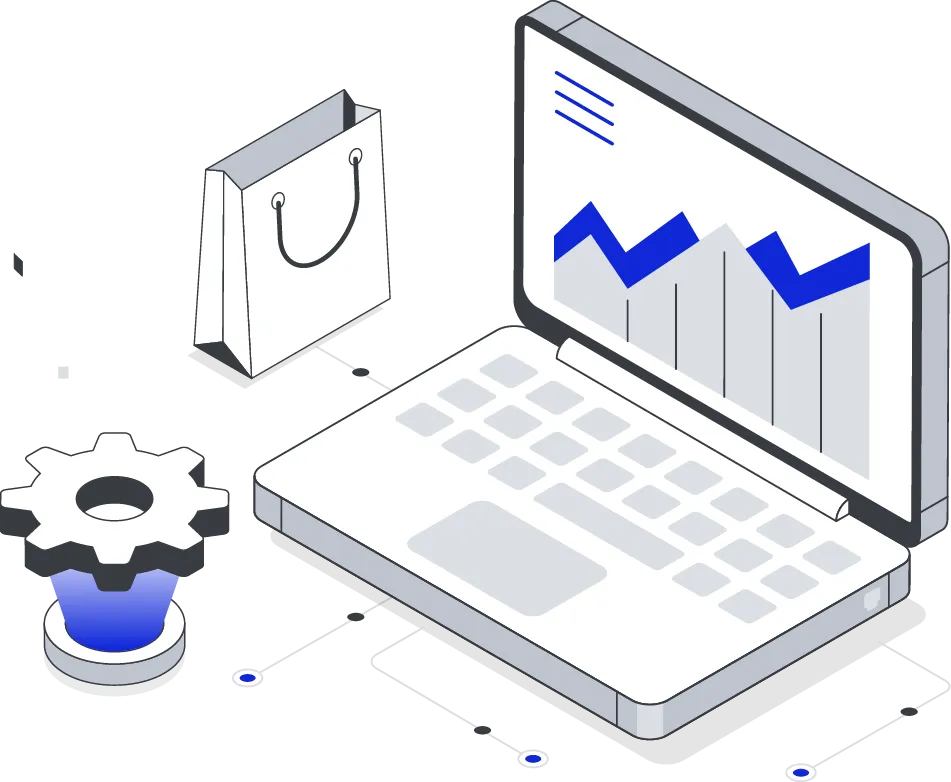 E-commerce website development showing a laptop with sales charts and a shopping bag, representing online business growth and management.