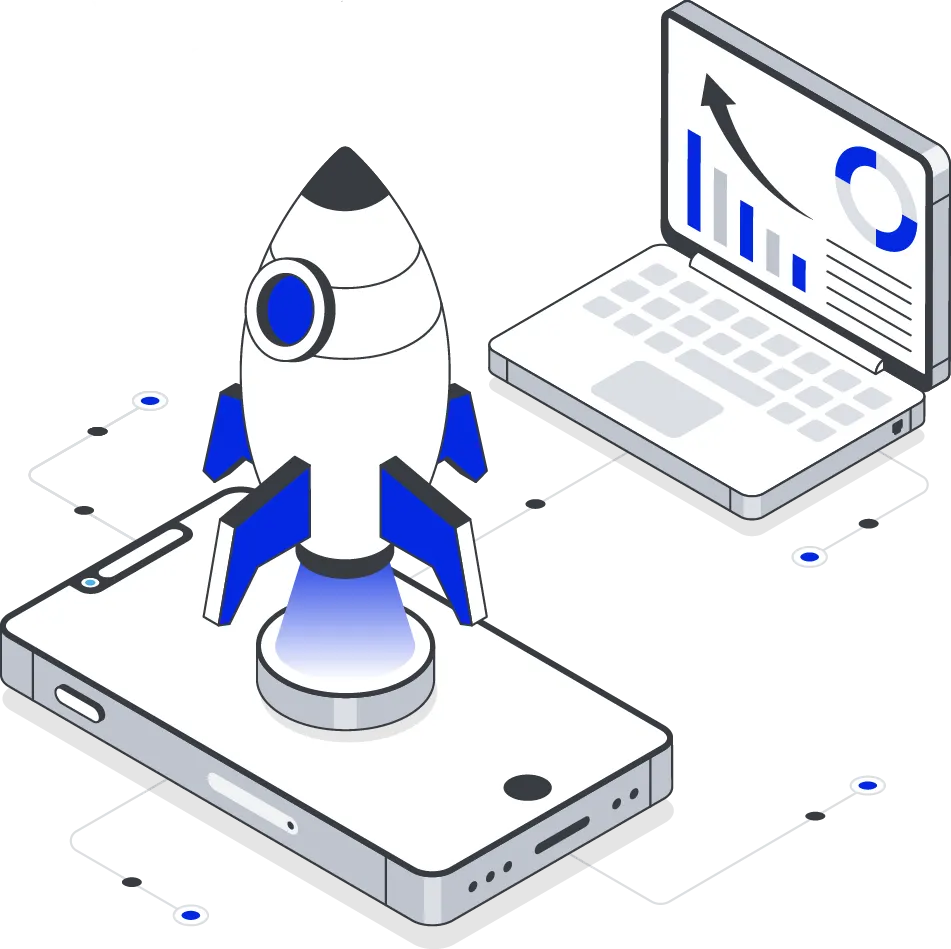 MVP product development featuring a smartphone with a rocket, symbolizing the launch and testing of a minimum viable product.