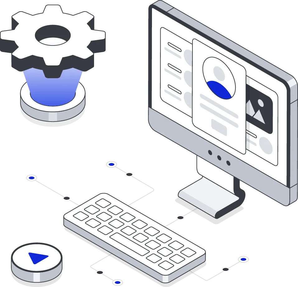 UI-UX design with a desktop screen, profile interface, and settings gear, highlighting user experience and interface optimization.