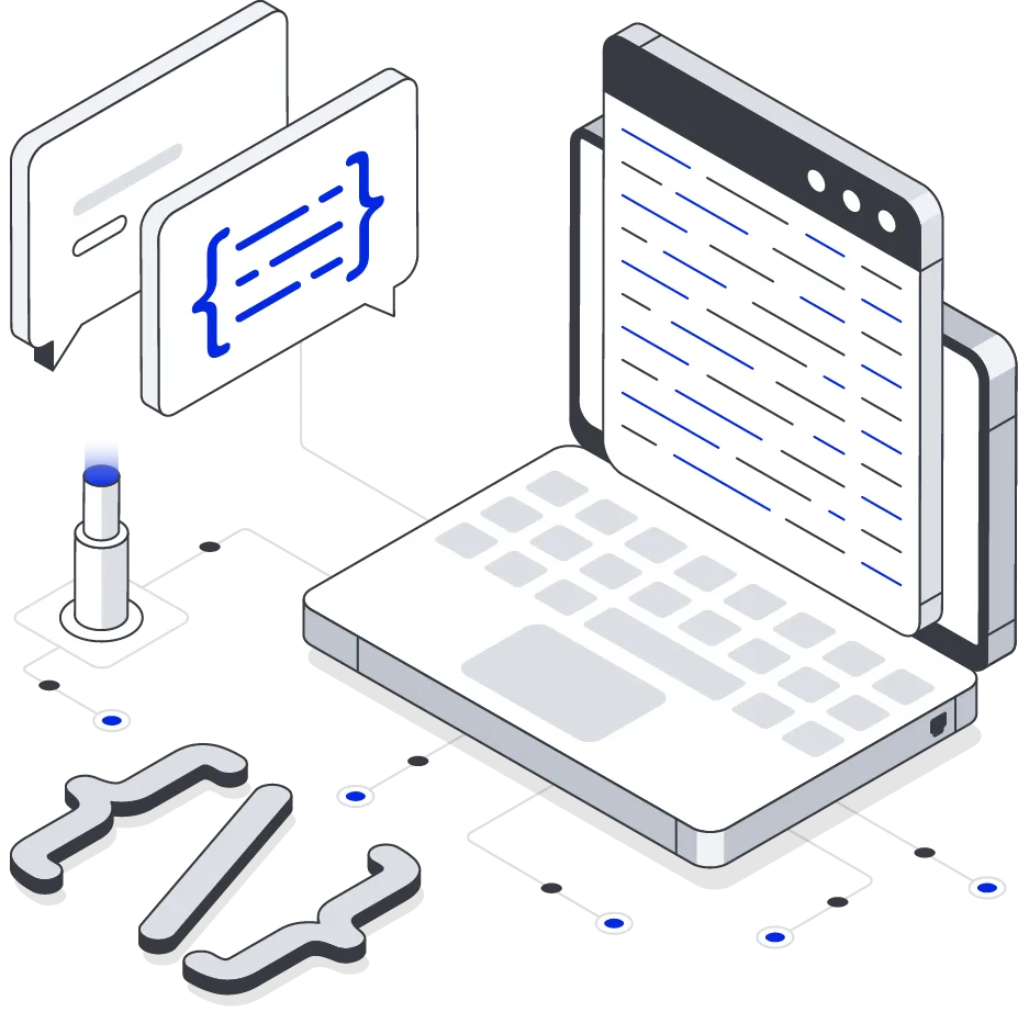 Backend development with a laptop displaying code, chat bubbles, and programming tools, highlighting server-side functionalities.