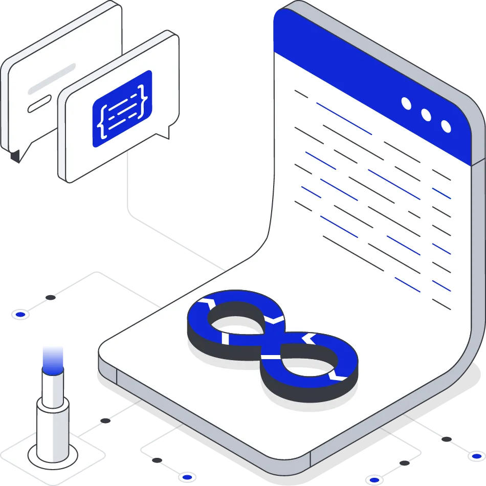 DevOps featuring an infinity loop icon on a document, code snippets, and tools, representing continuous integration and delivery.