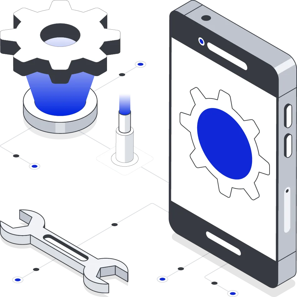 Mobile application development featuring a smartphone with wrench and gear icons, showcasing app creation and optimization.