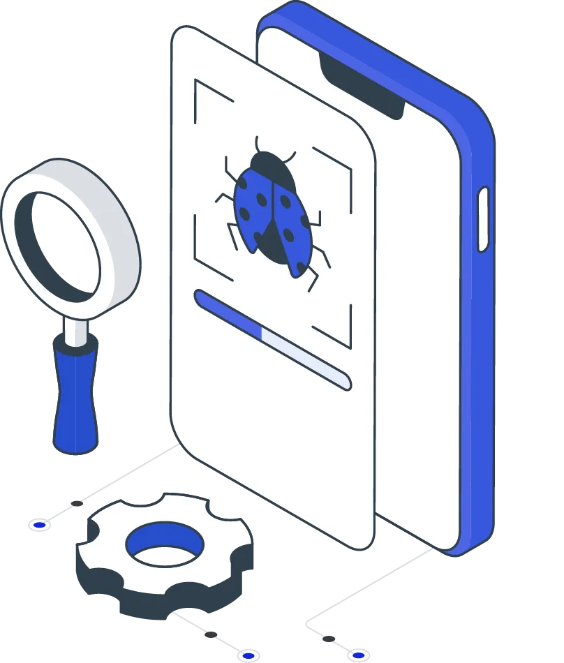 Software testing and QA featuring a smartphone, bug icon, magnifying glass, and gear, illustrating the debugging and quality assurance process.