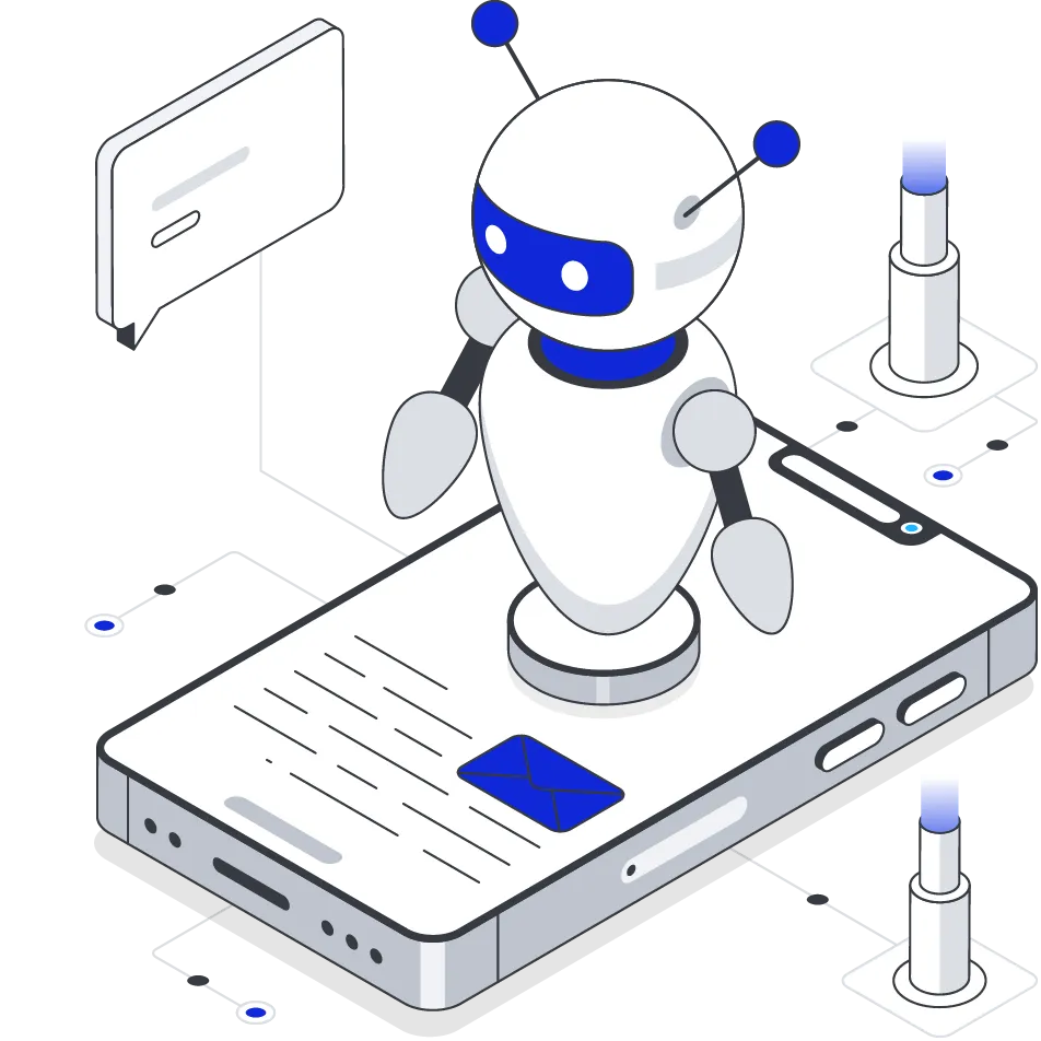 Telegram bot development featuring a chatbot on a smartphone with chat bubbles, showcasing automation for messaging applications.