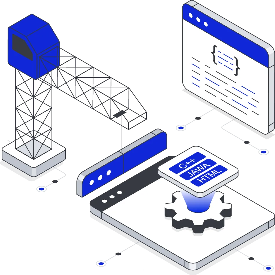 Website development with a construction crane, programming languages, and UI components symbolizing site building process.