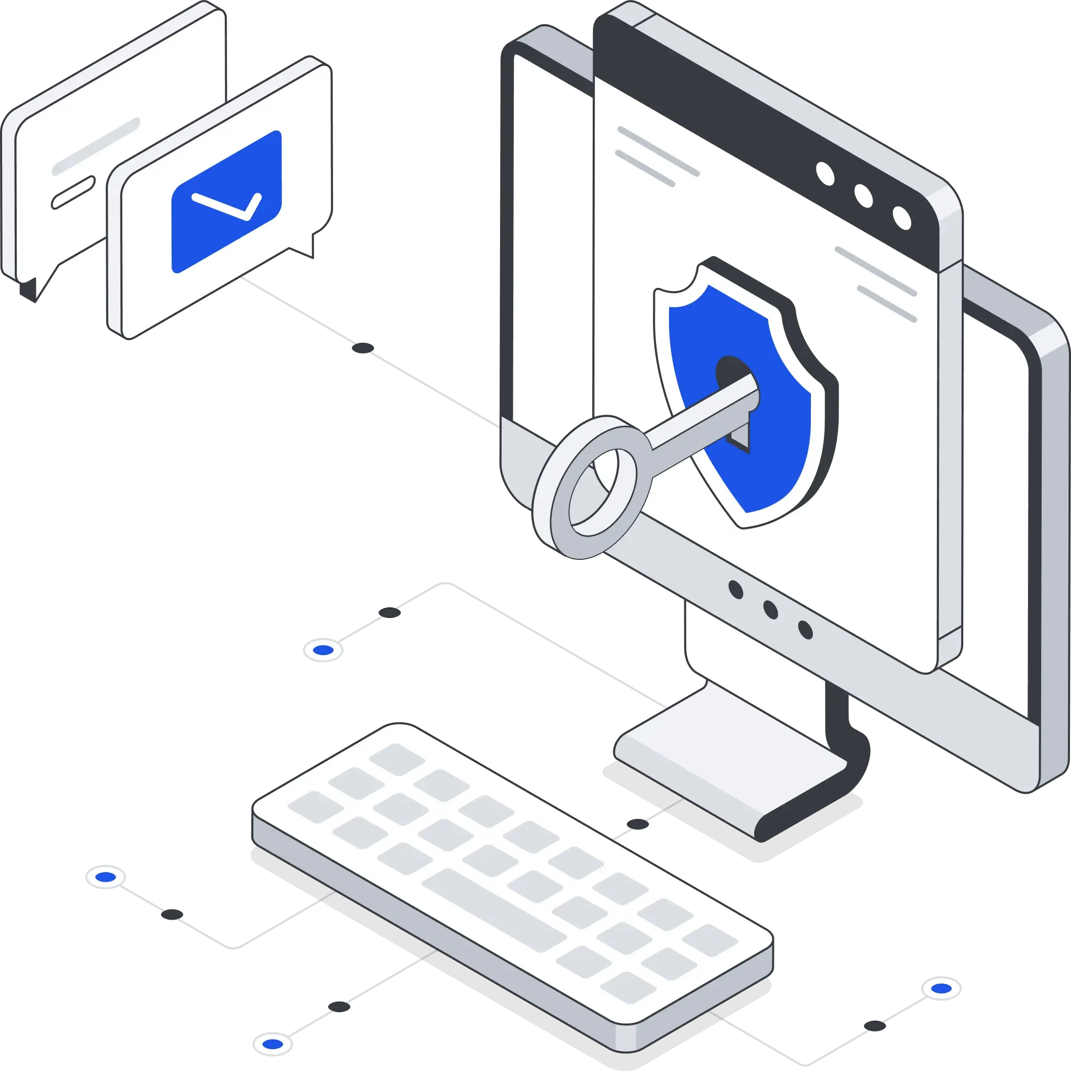 Ein Computerbildschirm mit Schild und Schlüssel, der Cybersicherheit, Datenschutz und sichere Kommunikation symbolisiert, mit Nachrichtensymbolen im Hintergrund.